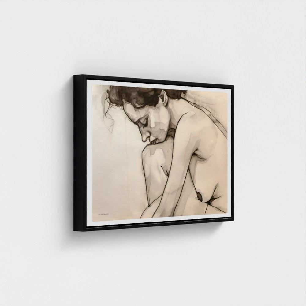 Framed artwork of a nude figure on a white wall