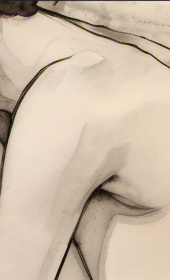 Black and white drawing of a female figure with a blurred background