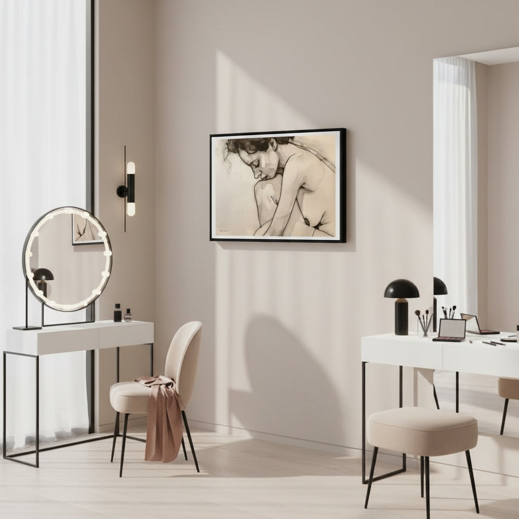 Modern interior with a round mirror, desk, and framed artwork on a wall.