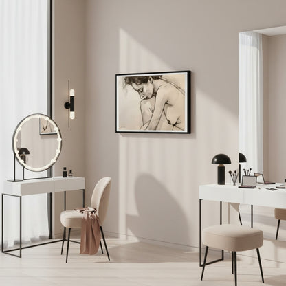 Modern interior with a round mirror, desk, and framed artwork on a wall.