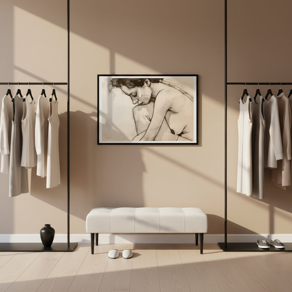 Modern interior with clothing racks, a bench, and a framed artwork on the wall.