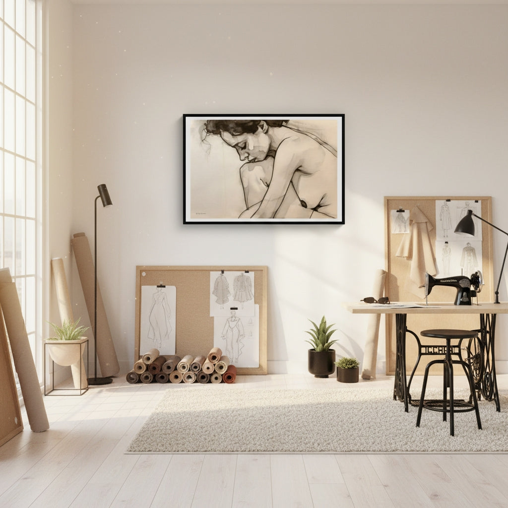 Art studio with framed artwork on the wall and sewing equipment on a table.