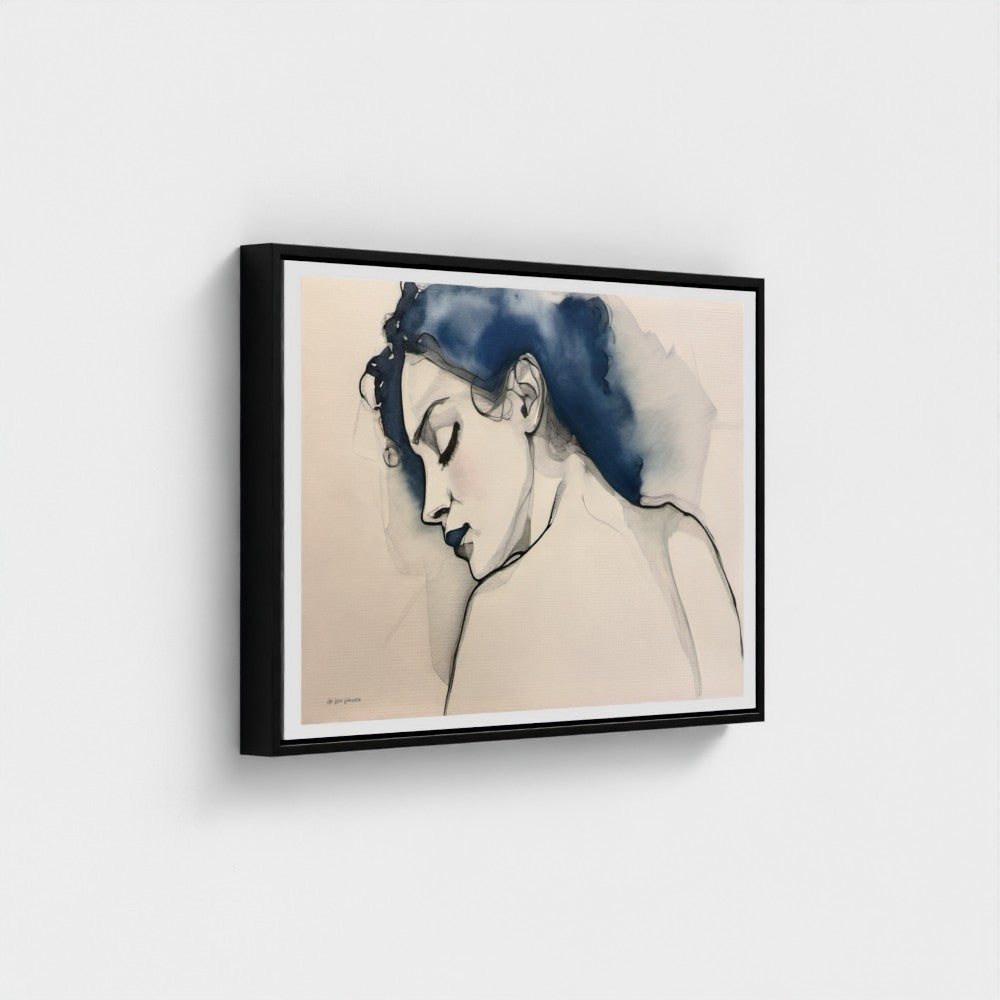 Framed artwork of a woman's profile with blue hair on a white wall