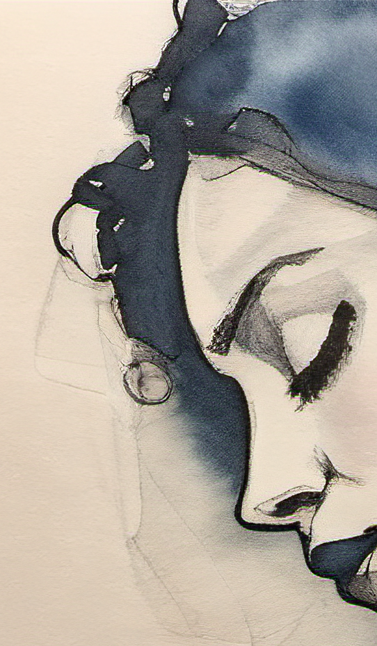 Artistic depiction of a face with blue and black tones on a beige background