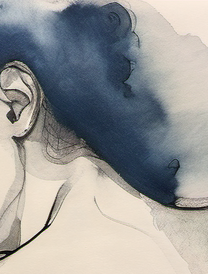 Artistic depiction of a person's head with watercolor textures in blue and gray.