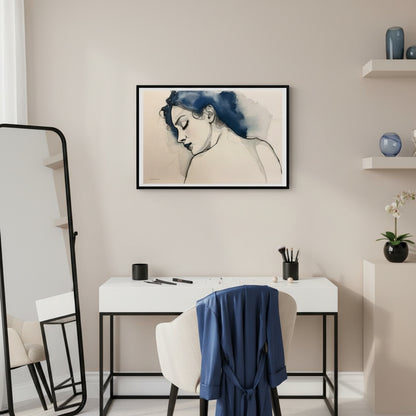 Modern interior with a desk, chair, and framed artwork on the wall.