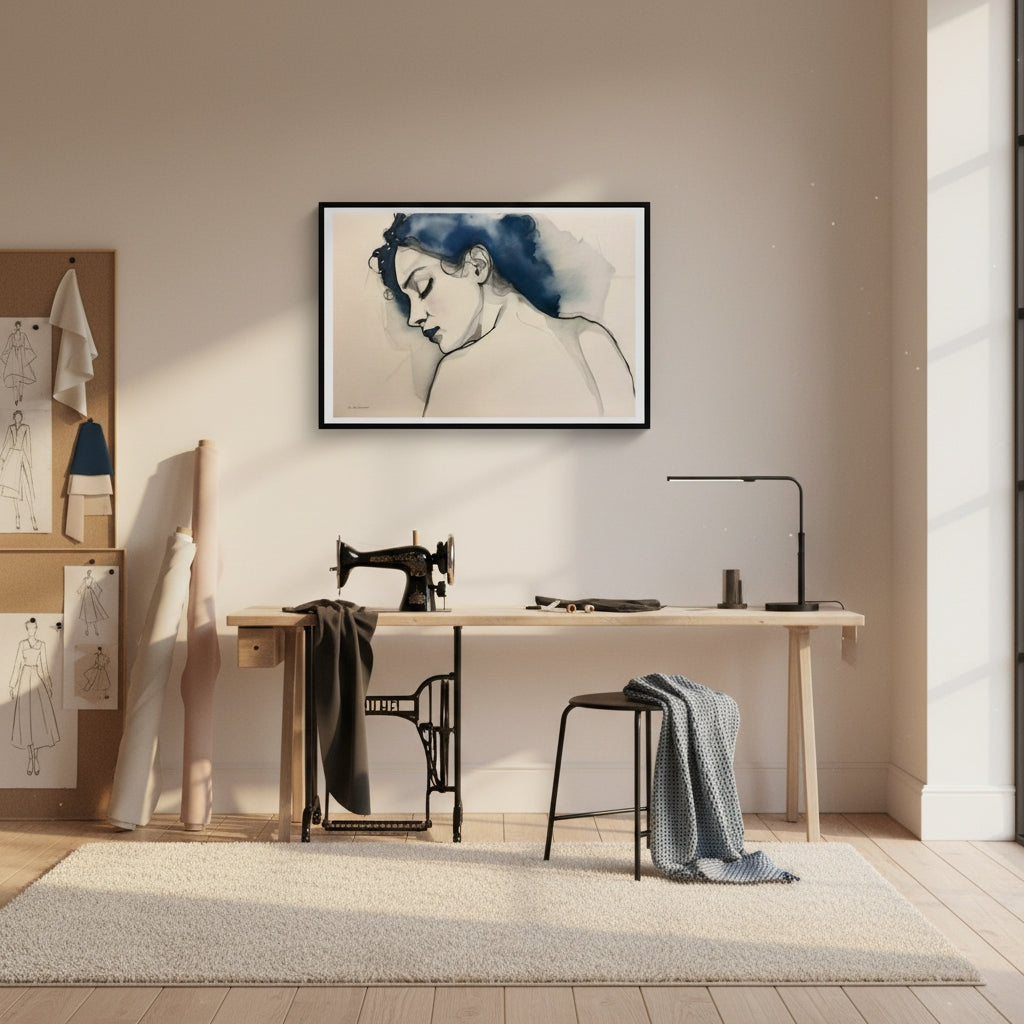 Modern interior with a sewing machine on a wooden table, framed artwork on the wall, and a chair.