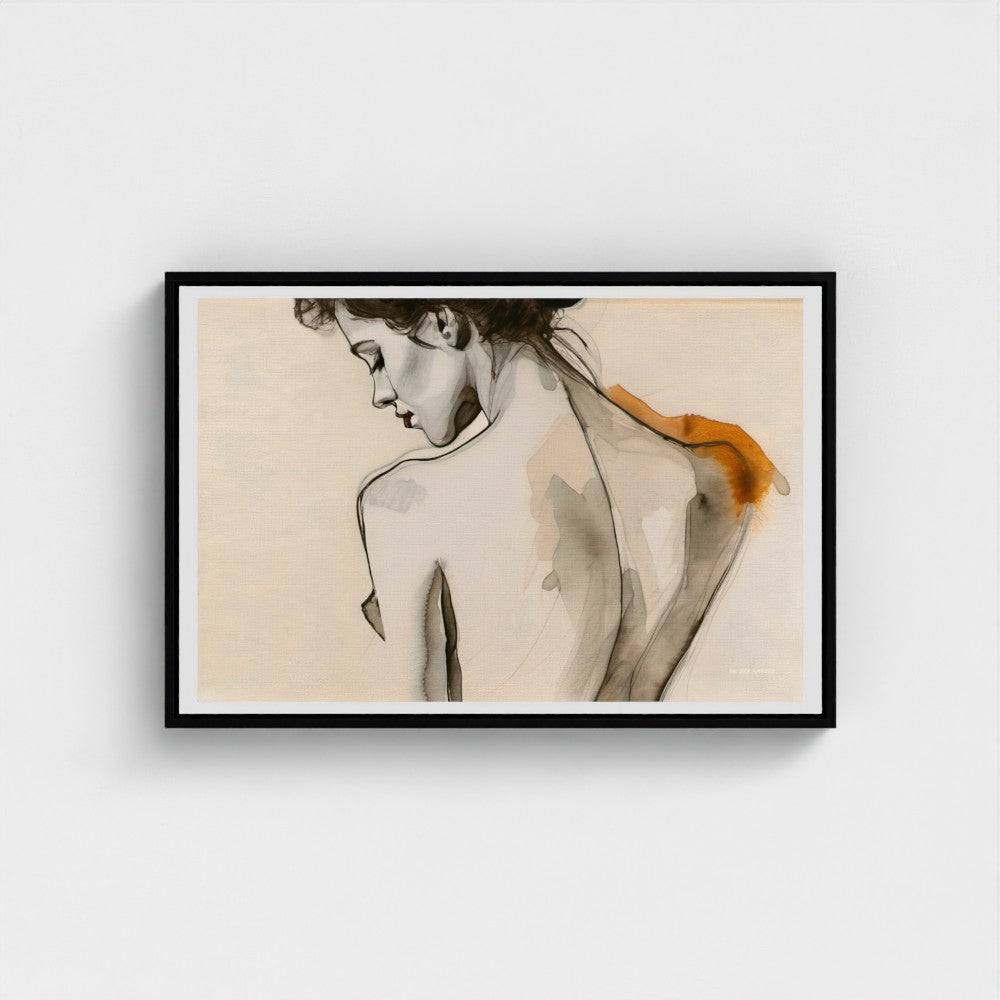 Framed artwork of a nude figure with a black frame on a light gray background