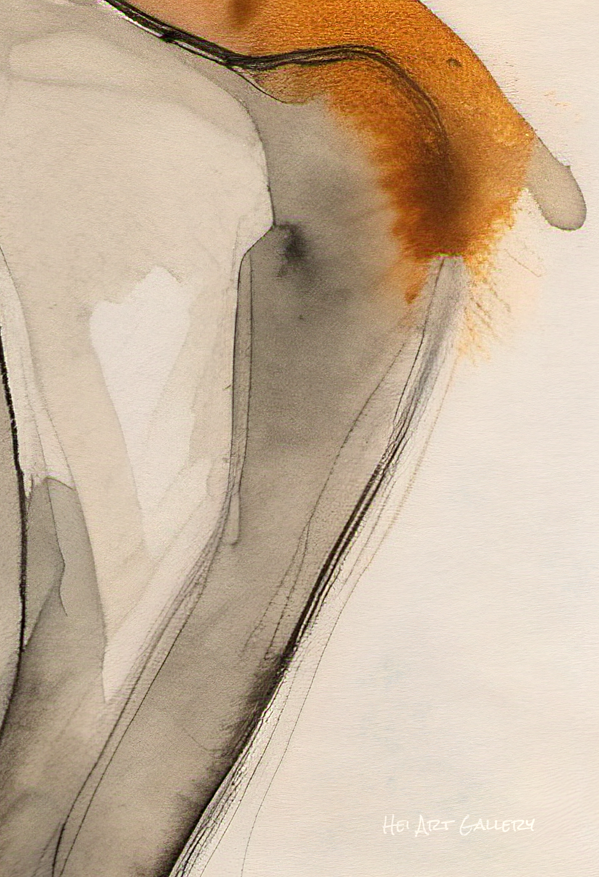 Abstract art with orange, black, and white colors on a light background