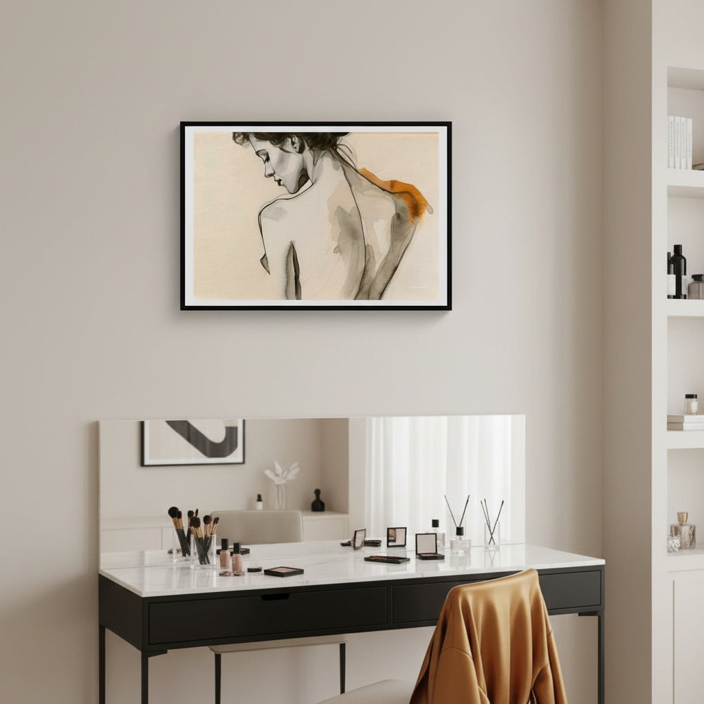 Modern interior with a desk, mirror, and framed artwork on a wall.