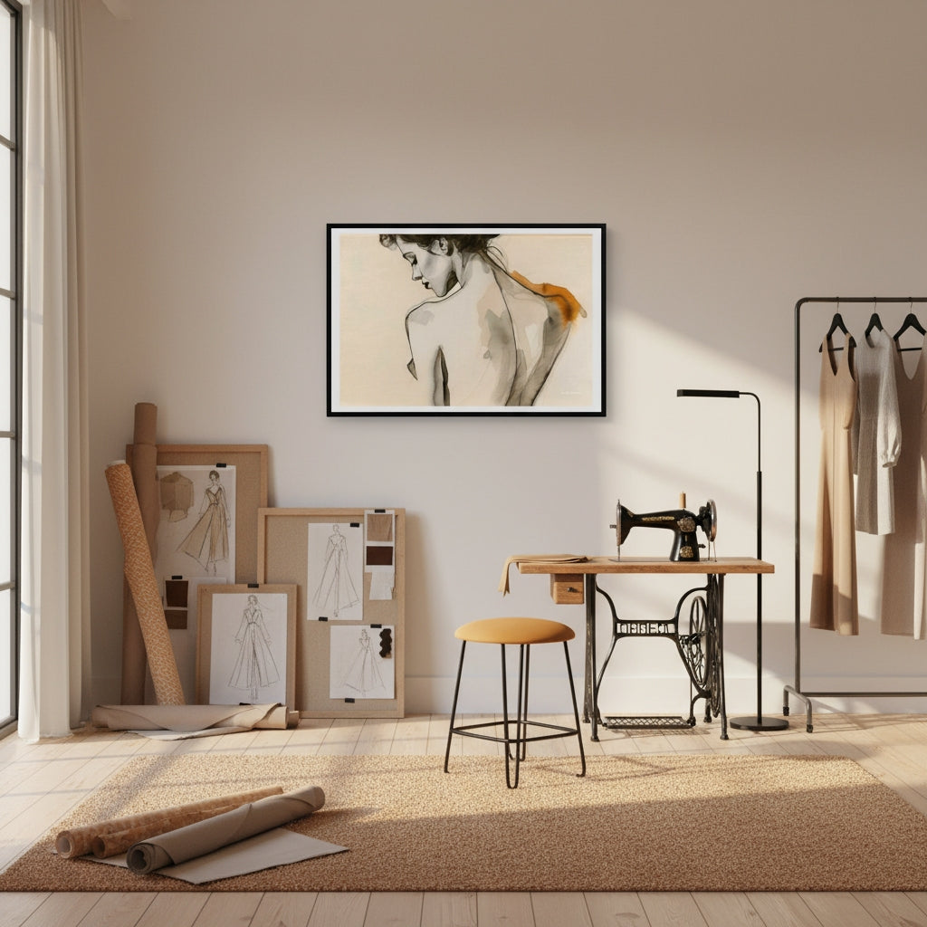 Room interior with sewing table, lamp, and framed artwork on a light-colored wall.