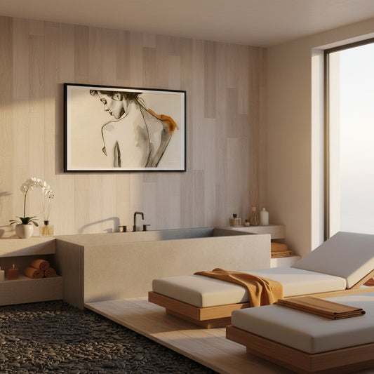 Modern bathroom with bathtub, lounge chairs, and artwork on the wall.