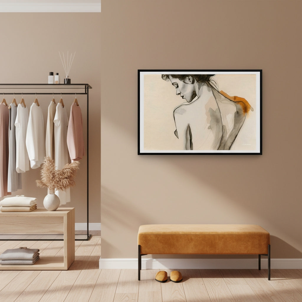 Modern interior with a clothing rack, bench, and framed artwork on a beige wall.