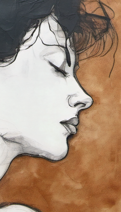 Artistic depiction of a face with black hair and white skin against a brown background