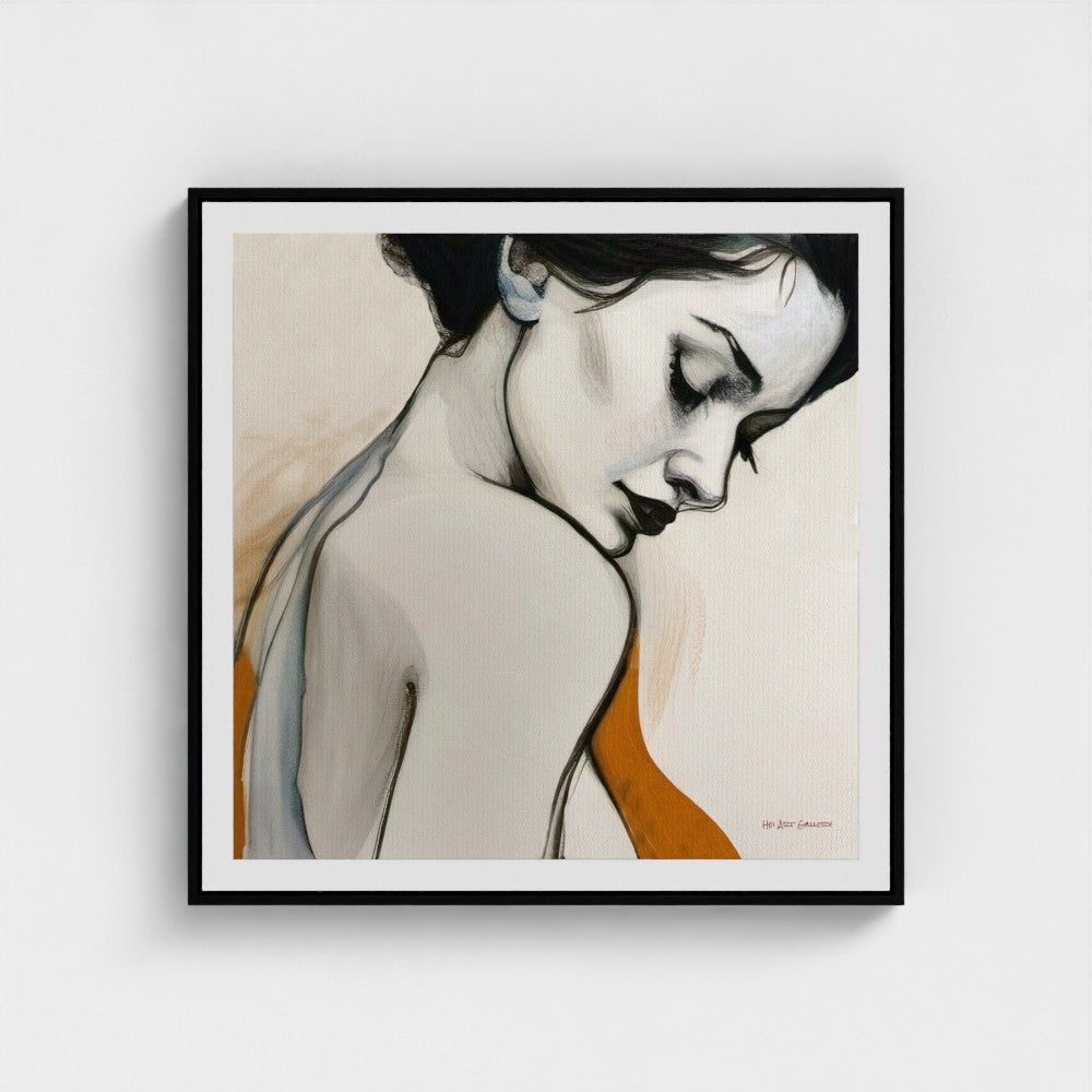 Framed artwork of a stylized portrait on a white background