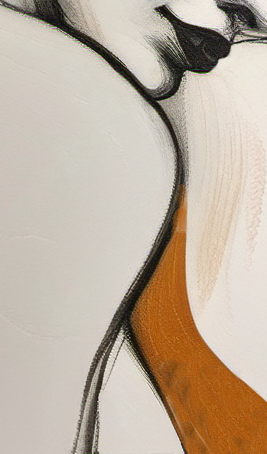 Close-up of a person's face with a neutral expression on a light background