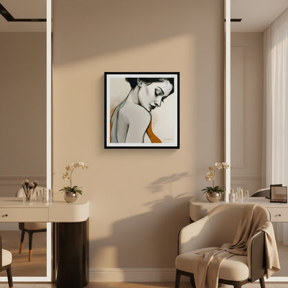 Modern interior with a framed artwork on the wall, a chair, and a desk.