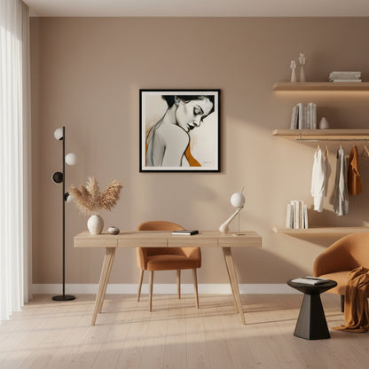 Art studio with easel, paint supplies, and framed artwork on a wall.