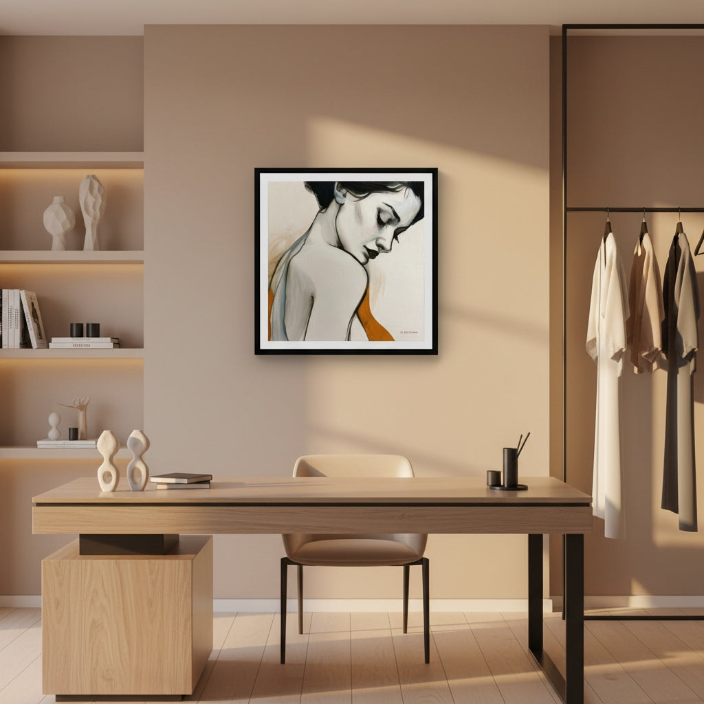 Modern interior with a desk, chair, and framed artwork on a wall.