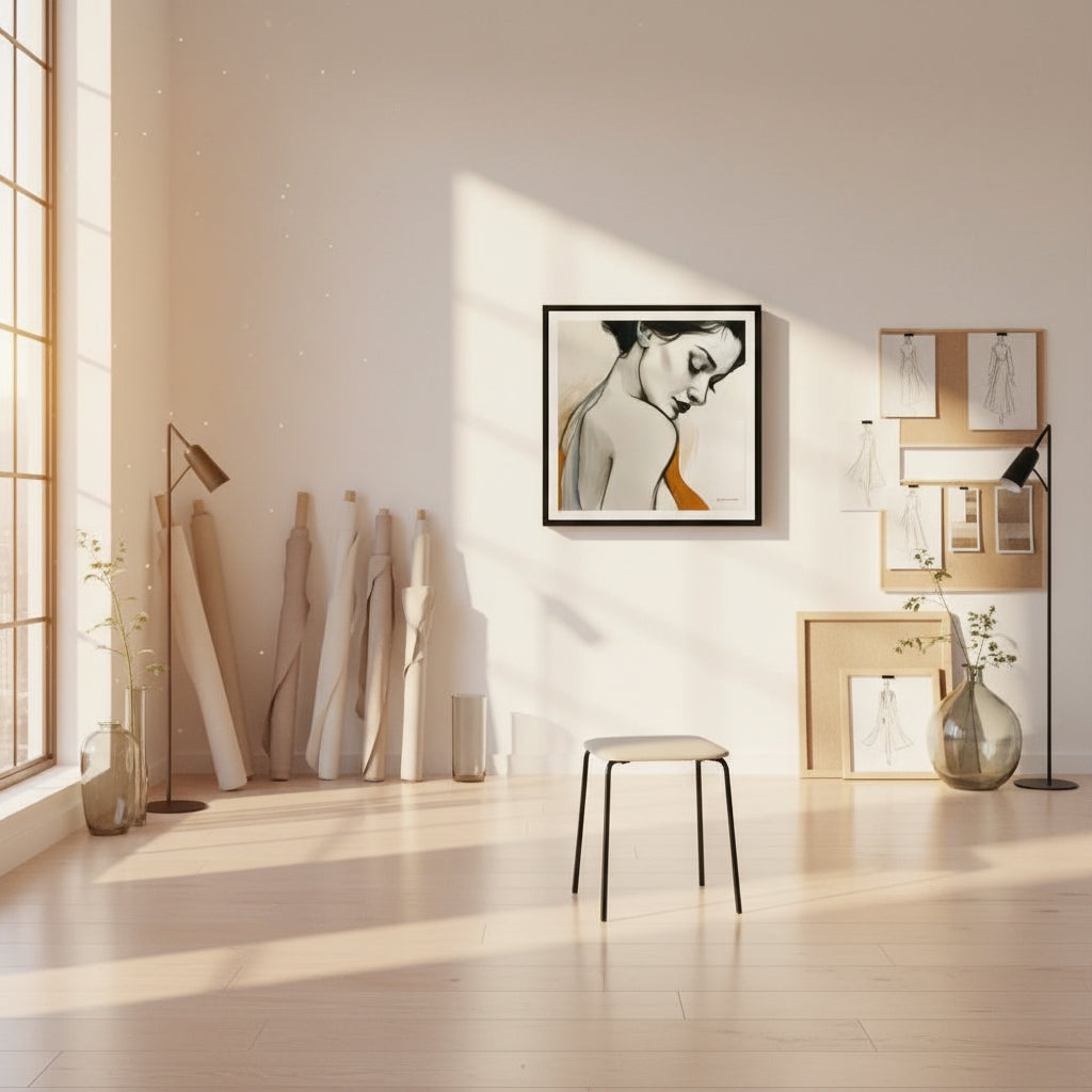 Modern interior design with a framed artwork on the wall, light-colored furniture, and decorative elements.