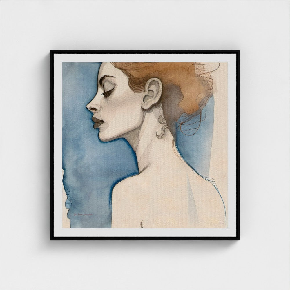 Framed artwork of a woman's profile with a blue background