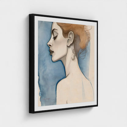 Framed artwork of a woman's profile with a blue and beige gradient background.