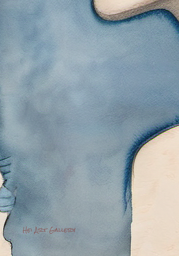 Artistic depiction of a blue and beige abstract shape with 'Heidi Dier Gallery' signature.