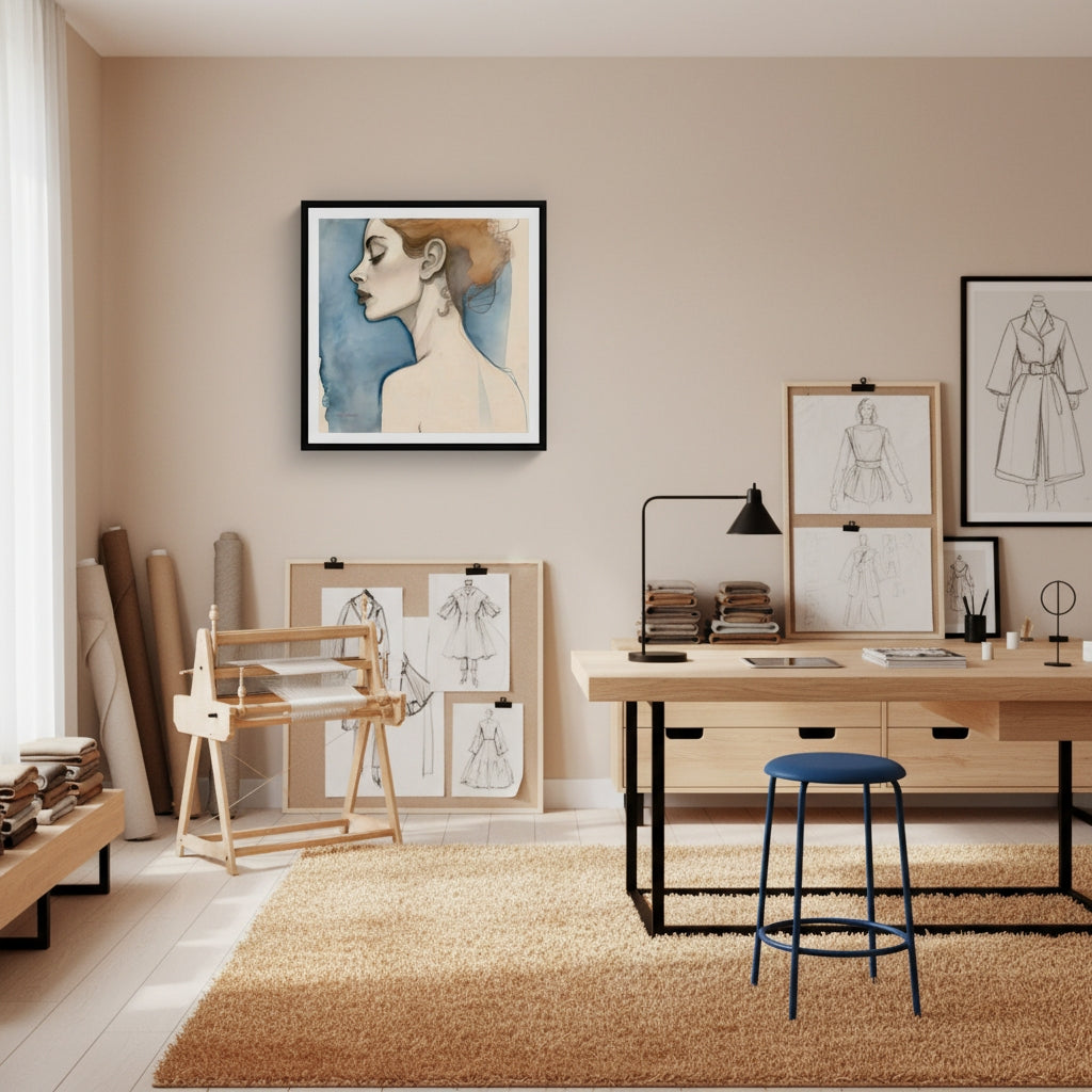 Modern home office with a desk, chair, and various artworks on the wall.
