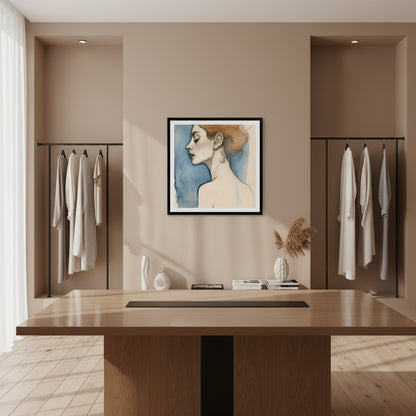 Modern interior with a wooden desk, framed artwork, and hanging clothes.
