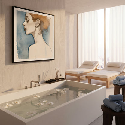 Modern bathroom with a bathtub, lounge chairs, and artwork on the wall.