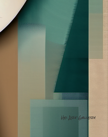 Abstract art piece with geometric shapes in teal, beige, and brown.
