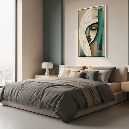 Modern bedroom with a bed, lamp, and abstract wall art.