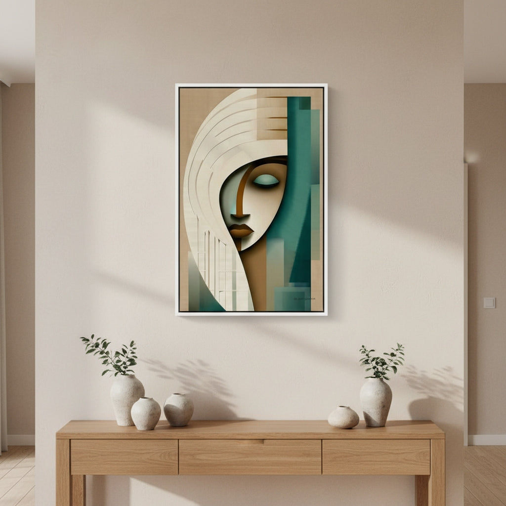 Abstract art piece on a wall above a wooden console table with decorative items.