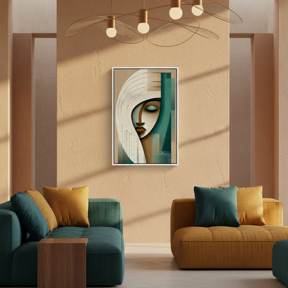 Modern living room with abstract art on the wall, green and brown sofas, and a wooden side table.