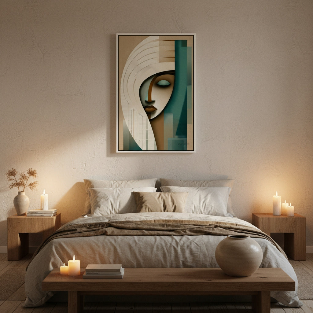 Modern bedroom with abstract art above the bed