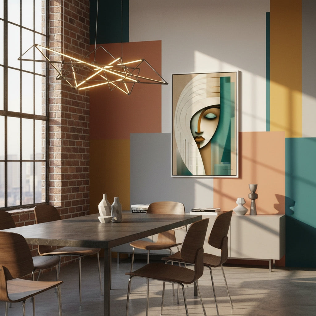 Modern dining room with a large window, wooden table, chairs, and abstract art on the wall.