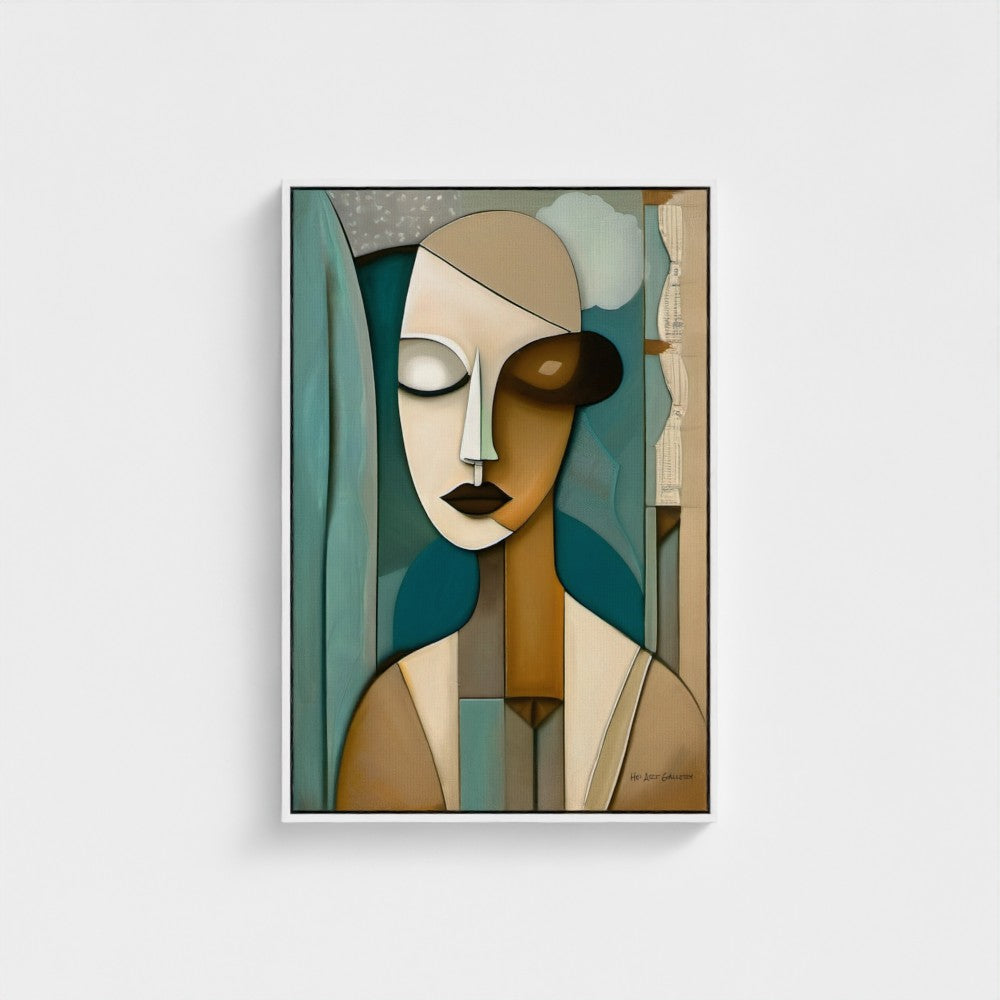 Abstract art print of a stylized face with geometric shapes on a light gray background