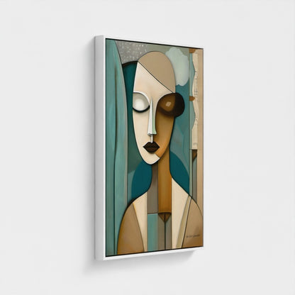 Abstract art painting of a stylized face with geometric shapes on a white background