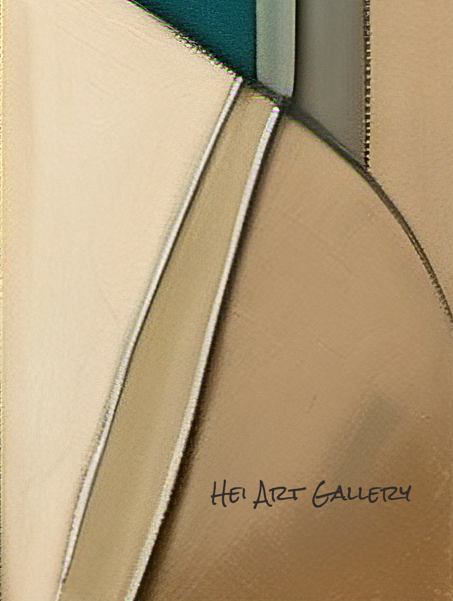 Abstract art piece with geometric shapes in beige, brown, and green tones, featuring 'Hei Art Gallery' text.