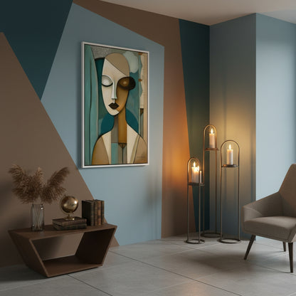 Modern interior with abstract art, candles, and a chair.