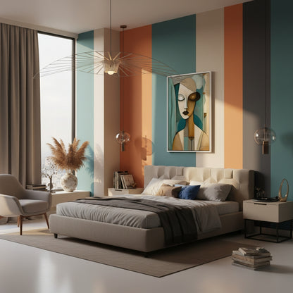 Modern bedroom with striped wall, sofa, and artwork