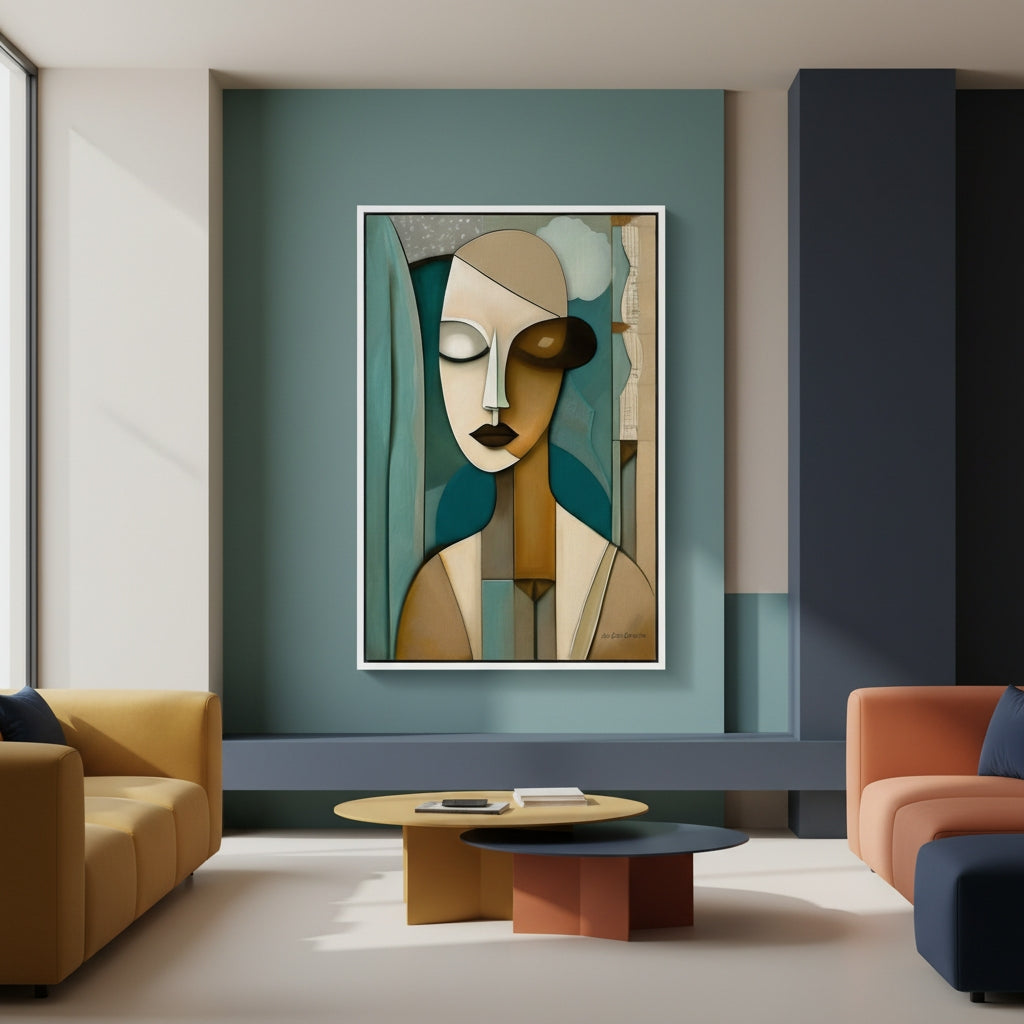 Modern living room with abstract art on the wall