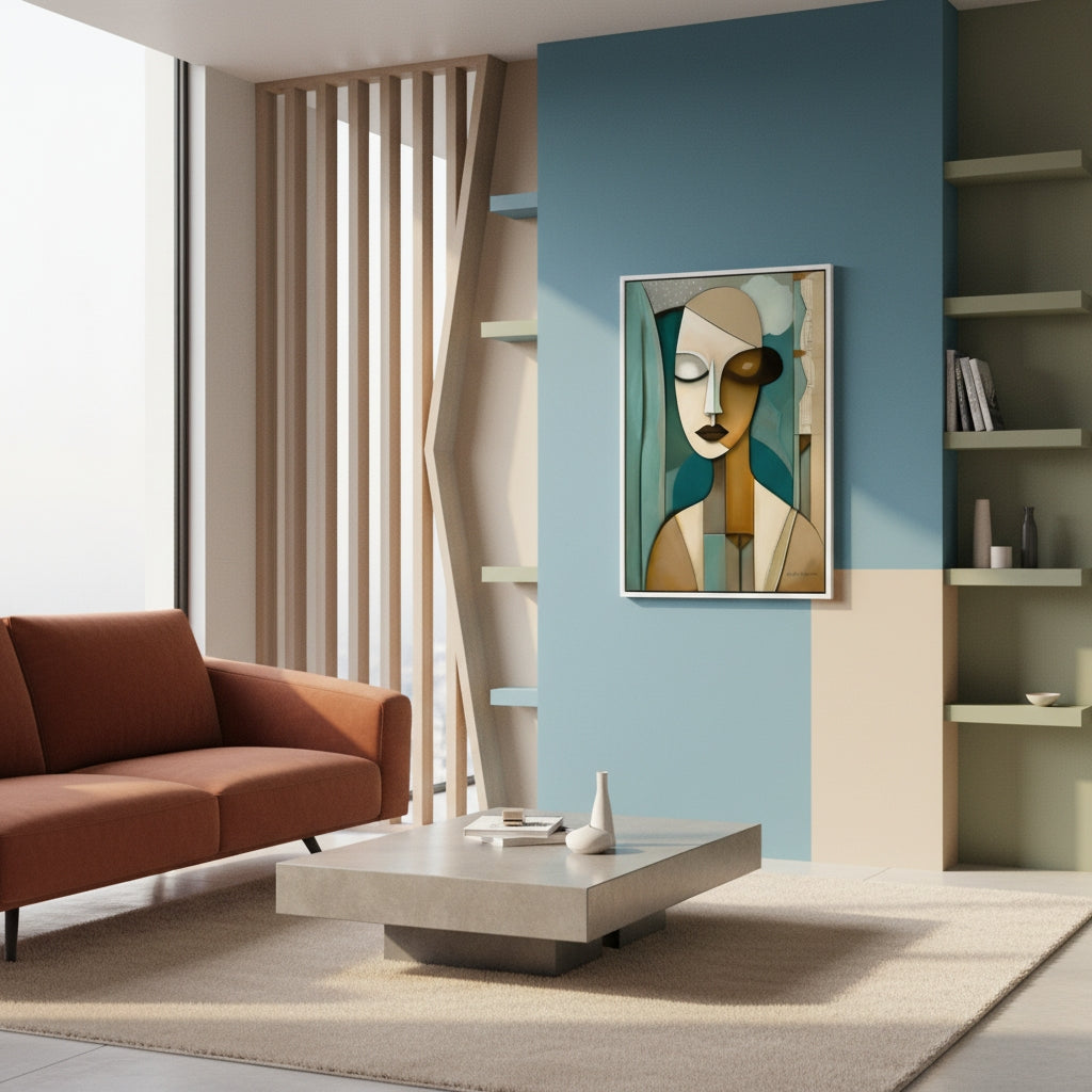 Modern living room with a brown sofa, coffee table, and abstract painting on a blue wall.