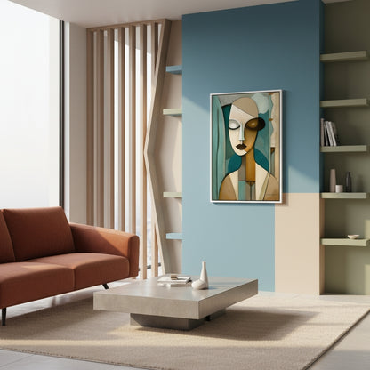 Modern living room with a brown sofa, coffee table, and abstract painting on a blue wall.