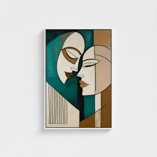 Abstract art print of two faces on a white background