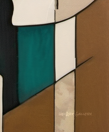 Abstract art piece with geometric shapes in teal, beige, and brown.
