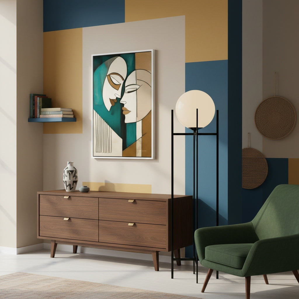 Modern interior with a wooden dresser, green armchair, and abstract art on a wall.