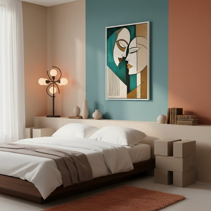 Modern bedroom with abstract art on the wall, bed, and side table.