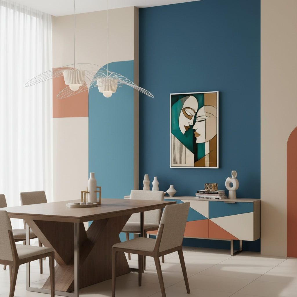 Modern dining room with a geometric wall painting and abstract art on a blue wall.