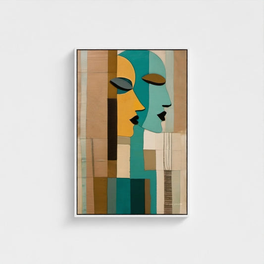 Abstract art print of two stylized faces on a white background